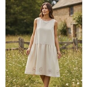 Gudrun Sjoden Linen Cotton Blend Dress Beige Embroidered Midi Size M Chickens
